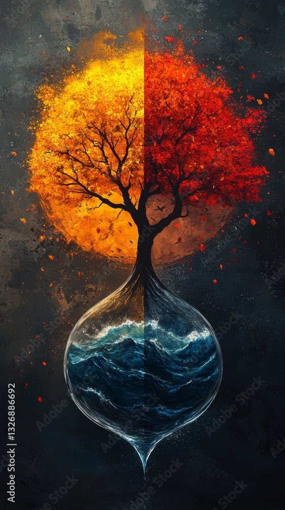 Aufkleber silhouette of a tree divided into four sections representing different summers in yellow