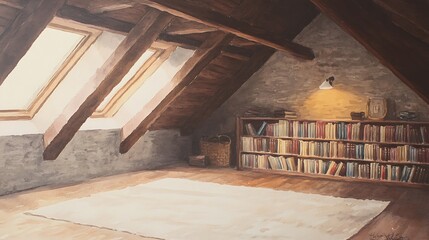 Cozy attic space with wooden beams, skylights, and a bookshelf filled with books.