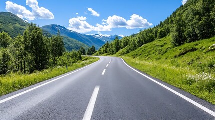 Scenic winding road surrounded by lush greenery and mountains under a bright blue sky : Generative AI