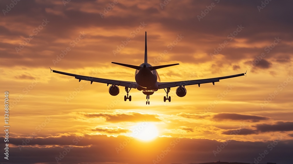 Aufkleber an airplane flying through vibrant sunset skies with clouds creating a dramatic backdrop of colors :