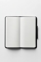 Open lined notebook with blank white pages and black cover lying on clean minimalist background