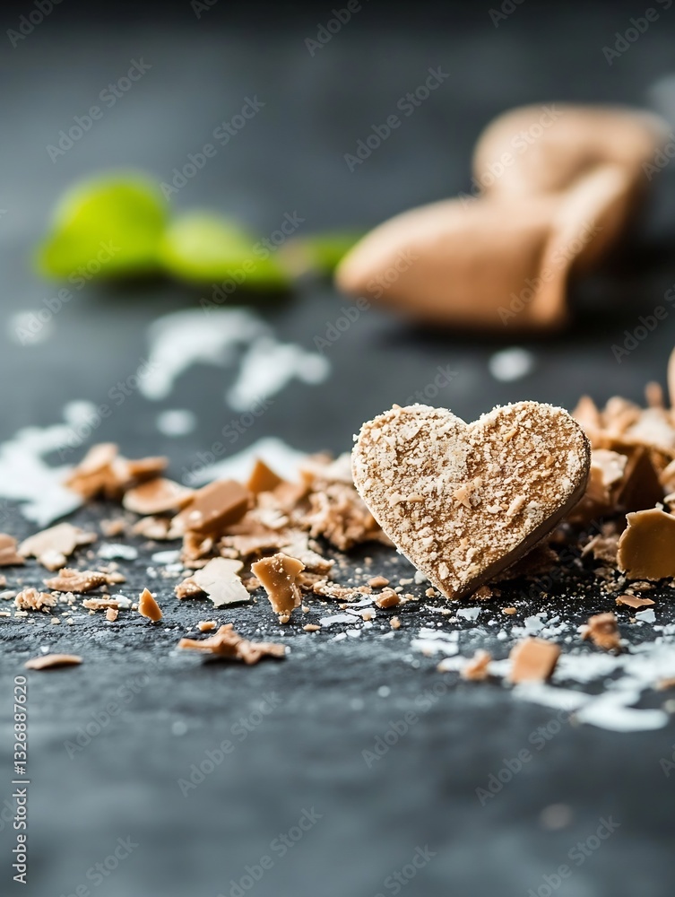 Poster delicious heart shaped chocolate on a dark surface with scattered chocolate pieces and a hint of gre