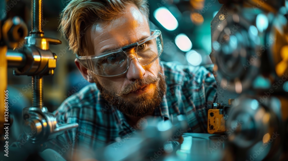 Poster skilled engineer operating machinery in a factory with metal components and clean lines