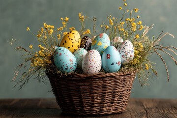 Easter Basket with Colorful Eggs and Beautiful Decorations
