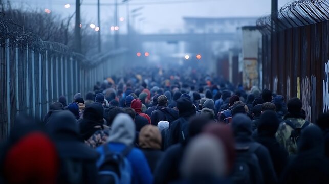 Crowd of migrants navigating through a foggy border crossing area : Generative AI