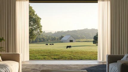 View of a tranquil pasture with cows from a living room window with curtains