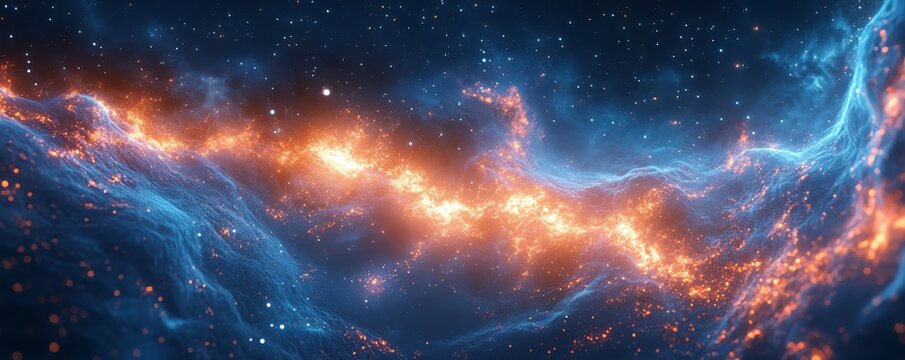 A cosmic AI entity floating in deep space, emitting waves of digital energy