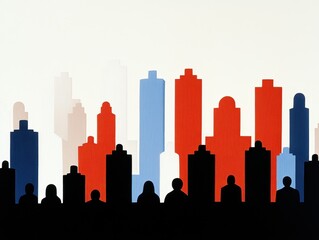 Fototapeta premium Silhouette of Diverse People Against a Colorful City Skyline at Dusk