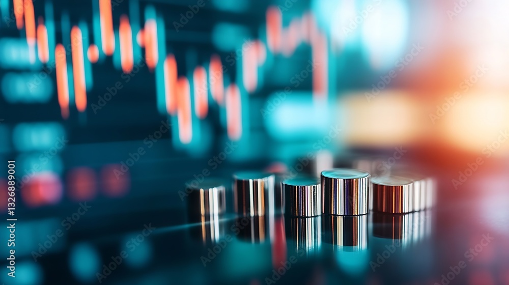 Poster Abstract financial market data on screen with fluctuating graphs and metallic elements reflecting investment trends : Generative AI