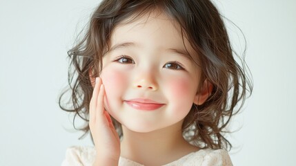 A young girl with brown hair and a pink lip is smiling