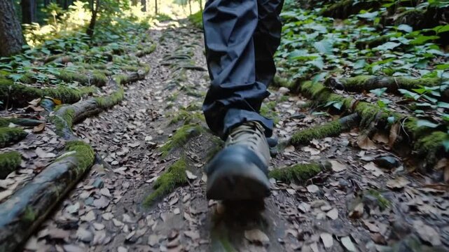 close-up gimbal shot capturing the steady footsteps of a male hiker as he walks along a rugged mountain forest path. His sturdy trekking shoes step carefully over uneven terrain