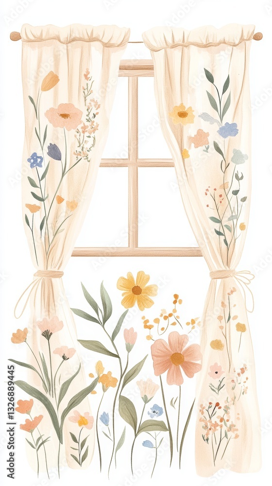 Poster soft hand drawn textured illustration of different window curtains with florals and vintage patterns