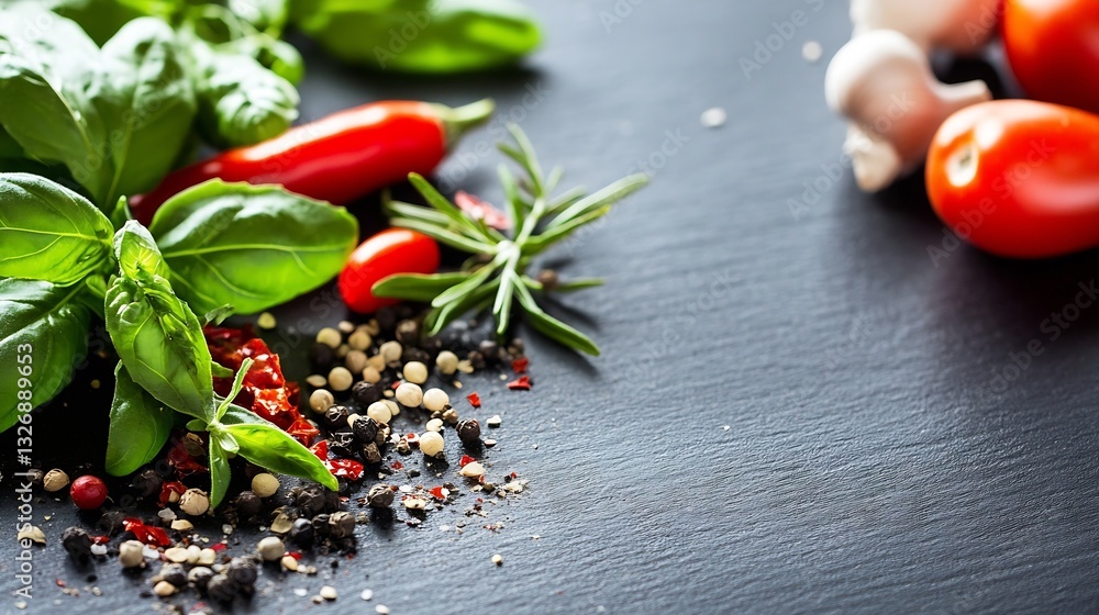 Poster fresh vegetables including basil tomatoes and spices arranged on a dark slate surface : generative a