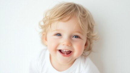 Naklejka premium A smiling baby with blue eyes and blonde hair