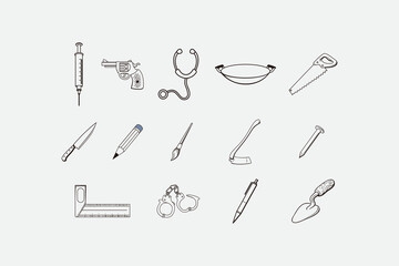 Illustrative icons of diverse tools and utilities including medical, mechanical, and construction implements depicted in a minimalist style.