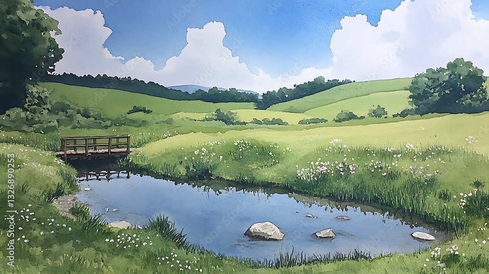 Poster a serene landscape with a pond surrounded by lush green fields and fluffy clouds.