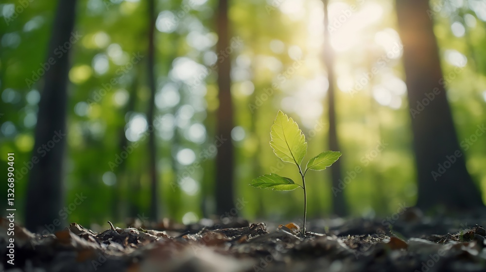 Poster Young Sprout Emerging from the Forest Floor in Soft Diffused Light : Generative AI