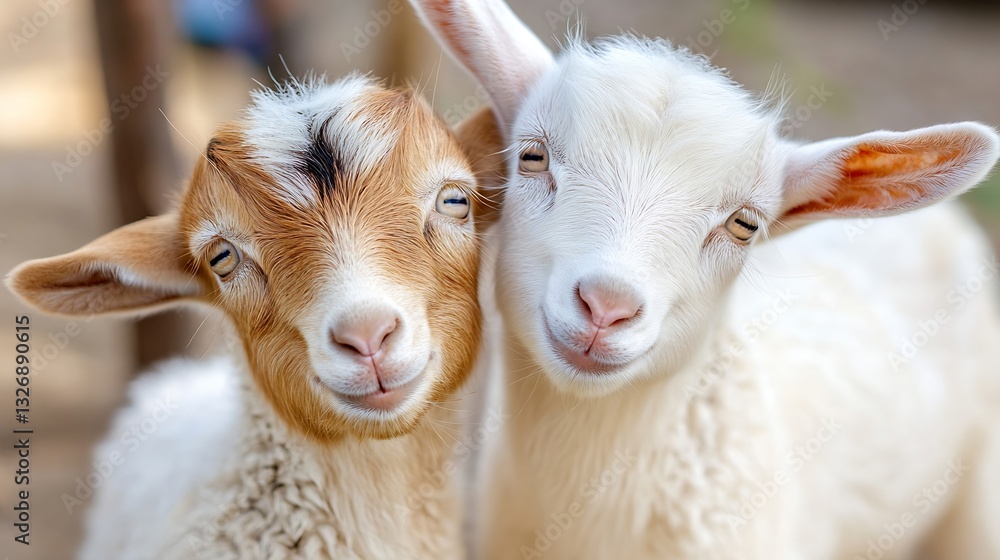 Poster Two Adorable Smiling Goats with Playful Expressions Enjoying Each Other's Company in a Natural Setting : Generative AI