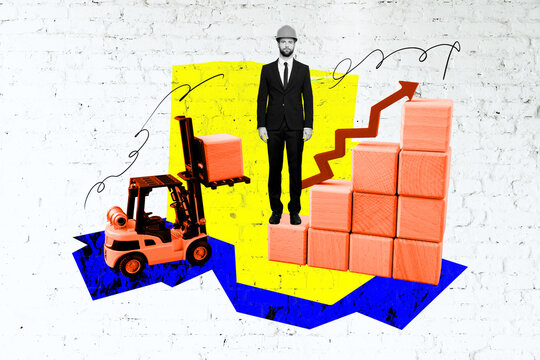 Composite trend artwork 3D sketch image collage of build business launch start up young guy work boss stand cube machine delivery box