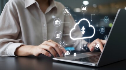 Cloud Computing and Data Transfer: A Woman Uses Laptop for Digital Services