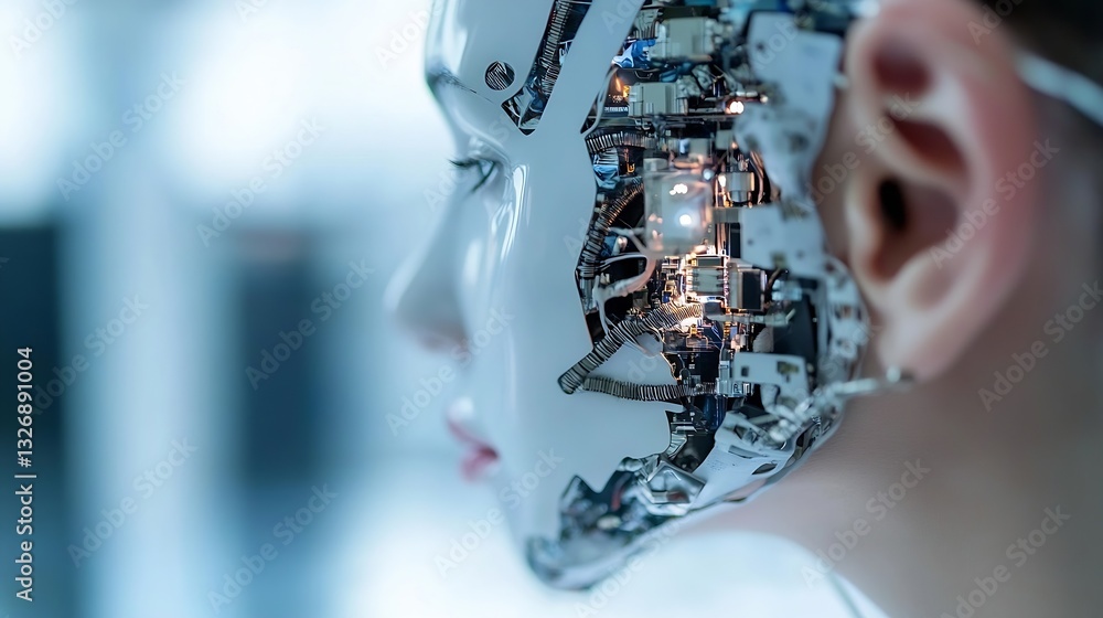 Leinwandbilder closeup of a futuristic humanoid robot head showcasing intricate technology and circuits : generativ