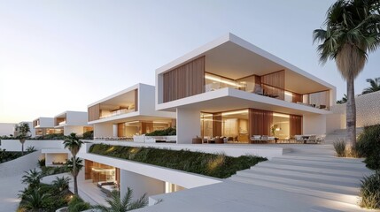 Fototapeta premium A modern architectural design showcasing elegant, multi-level villas with large windows and tropical landscaping under a clear sky.