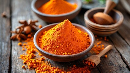 Vibrant orange powder in bowl on rustic table