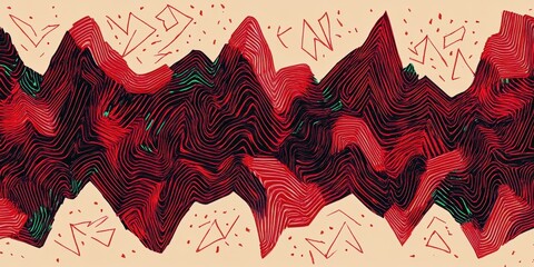 abstract Sharp, intersecting red typography lines creating zigzag and triangular patterns over a pale beige background. 