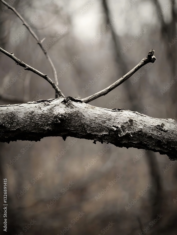 Poster moody photograph of a weathered tree branch showcasing intricate texture against a blurred backgroun