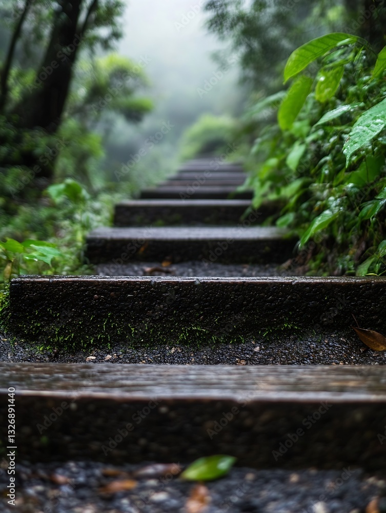 Poster serene forest steps leading into a misty woodland path surrounded by lush greenery : generative ai