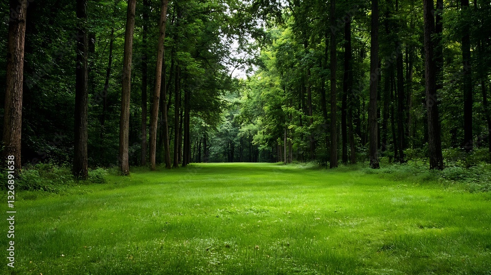 Poster lush green forest clearing with tall trees creating a peaceful and serene outdoor retreat : generati