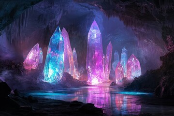 Vibrant crystals in glistening cave environment. Neural network AI generated
