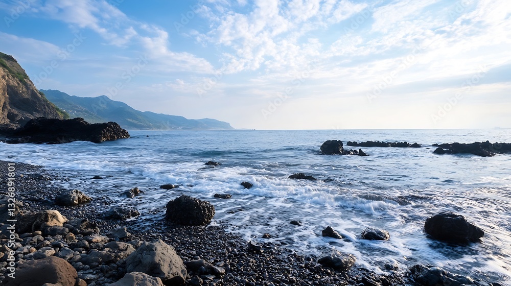Aufkleber Serene coastal view with gentle waves lapping against rocky shore under a clear sky creating a tranquil atmosphere : Generative AI