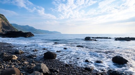 Serene coastal view with gentle waves lapping against rocky shore under a clear sky creating a tranquil atmosphere : Generative AI