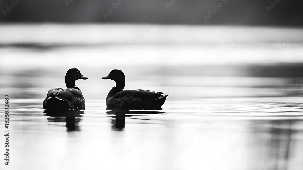 Poster two ducks gracefully floating on a tranquil lake in black and white photography : generative ai