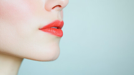 Obraz premium Close up of woman lips with bright red lipstick against soft background. image captures elegance and beauty of lips, highlighting their shape and color