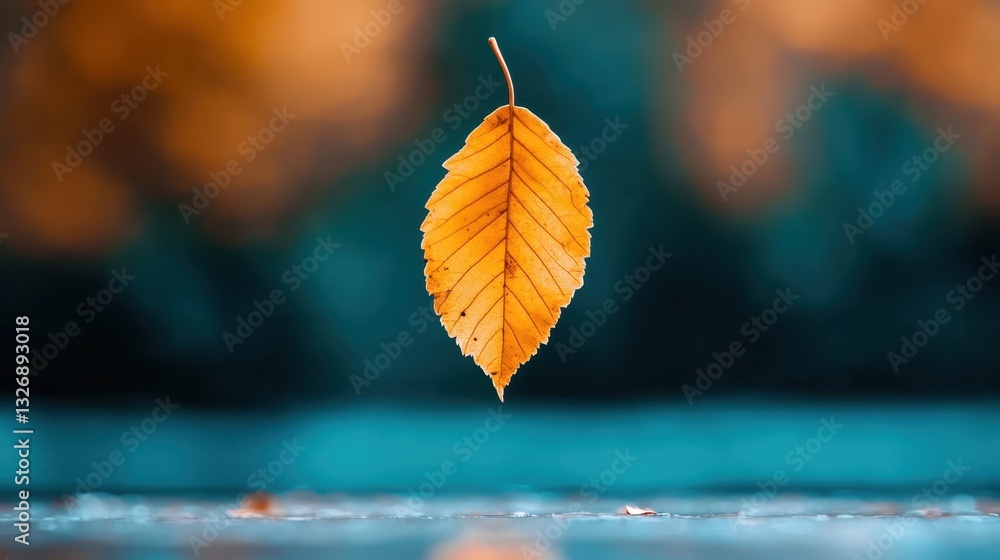 Poster this stunning image captures an autumn leaf elegantly floating in soft light, symbolizing the transi