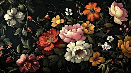 Striking contrast of vibrant flowers set on a dark background.