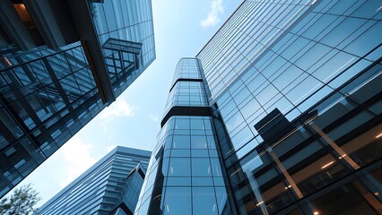 Modern glass buildings captured from a low angle under a clear blue sky.   