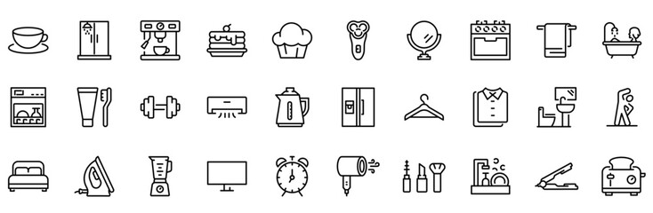 Set of 30 outline icons related to morning routine. Linear icon collection. Editable stroke. Vector illustration