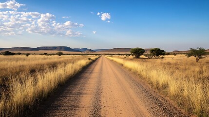 Naklejka premium Dusty dirt road in vast savannah landscape with open skies and distant mountains : Generative AI