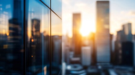 City skyline at sunset with gleaming glass buildings reflecting warm colors creating a vibrant urban atmosphere : Generative AI