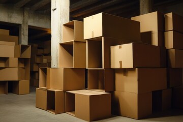 Fototapeta premium Cardboard Box in Warehouse with Shelves. Storage Building and Indoor Transportation Concept