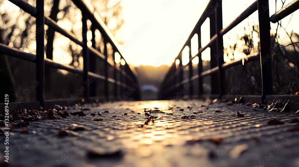 Poster rustic bridge covered in leaves during a serene sunset atmosphere : generative ai