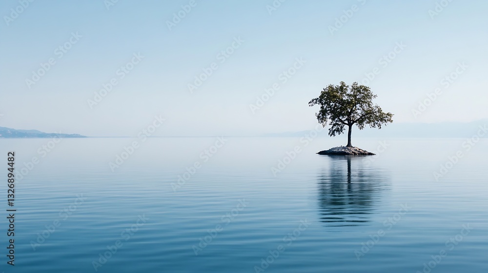 Poster solo tree standing on a small island surrounded by calm water and a clear blue sky creating a peacef