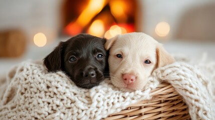 In a warm, inviting setting, two puppies cuddle closely in a basket, radiating an undeniable cuteness and warmth that brings a sense of joy and comfort to anyone who sees it.