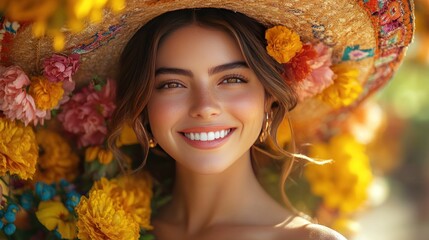 Smiling woman floral hat, sunny garden portrait