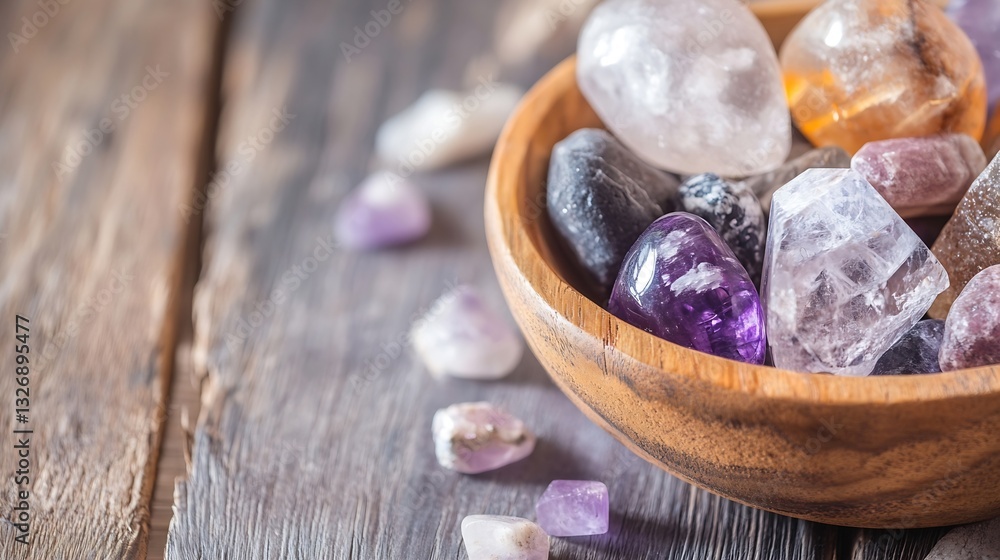 Poster variety of colorful gemstones displayed in a rustic wooden bowl on weathered wooden table : generati