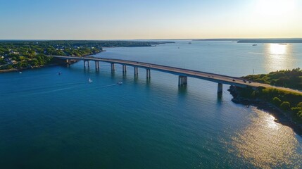 Fototapeta premium Casco Bay Bridge Spanning Fore River Between South Portland and Portland, Maine. Aerial Drone Shot of River Highway Bridge