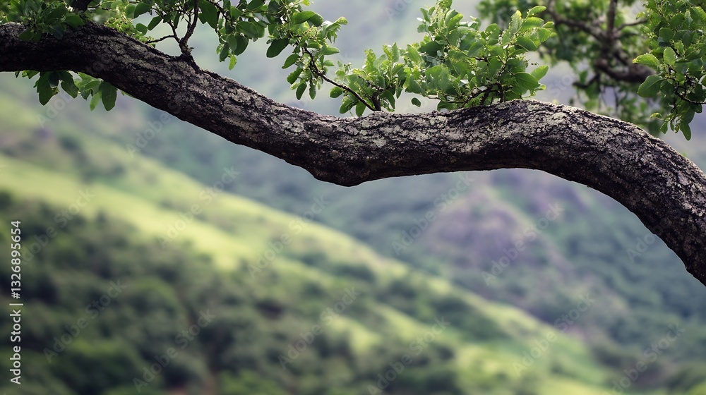 Aufkleber beautiful close up of a textured tree branch against a vibrant green mountain backdrop : generative 